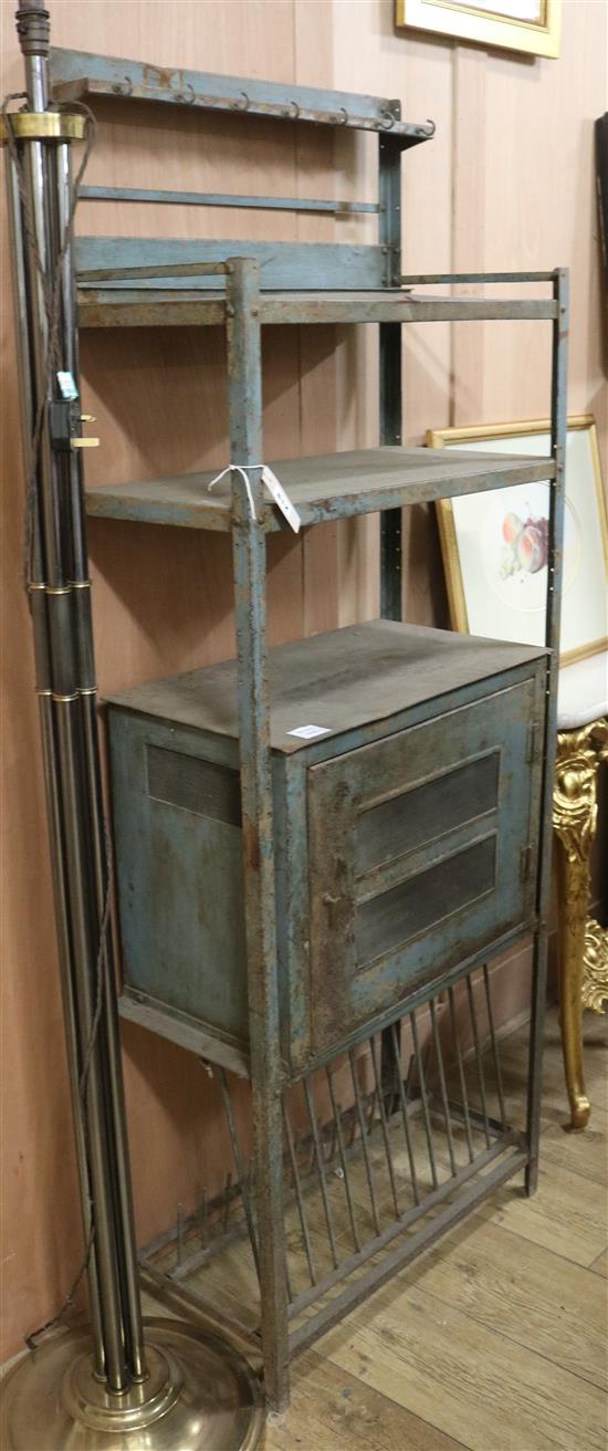 An early 20th century French green painted metal kitchen rack unit W.61cm